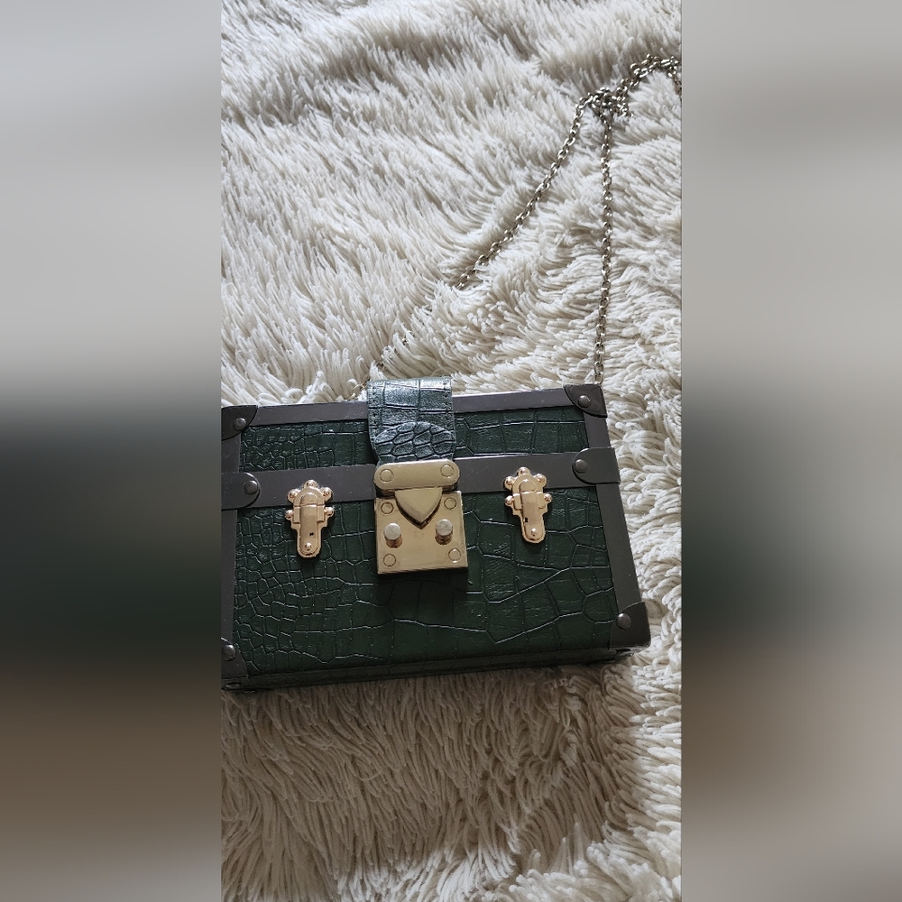 Green Croc-Embossed Box Bag with Gold Accents